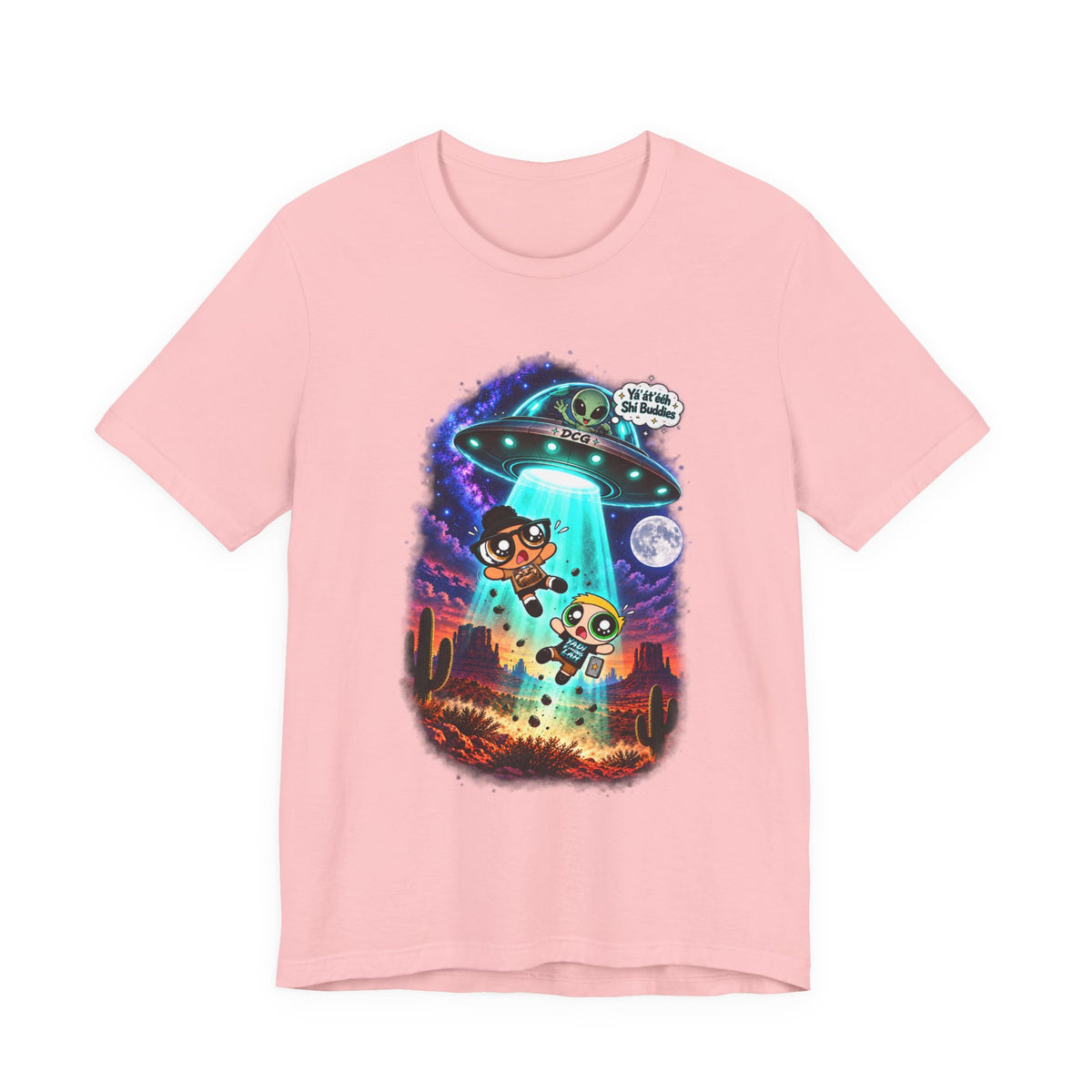 T-Shirt — Cute UFO Abduction Cartoon Kids with 'We Come in Peace' Graphic