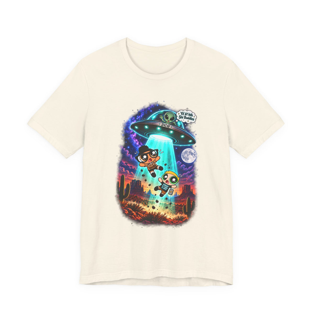 T-Shirt — Cute UFO Abduction Cartoon Kids with 'We Come in Peace' Graphic