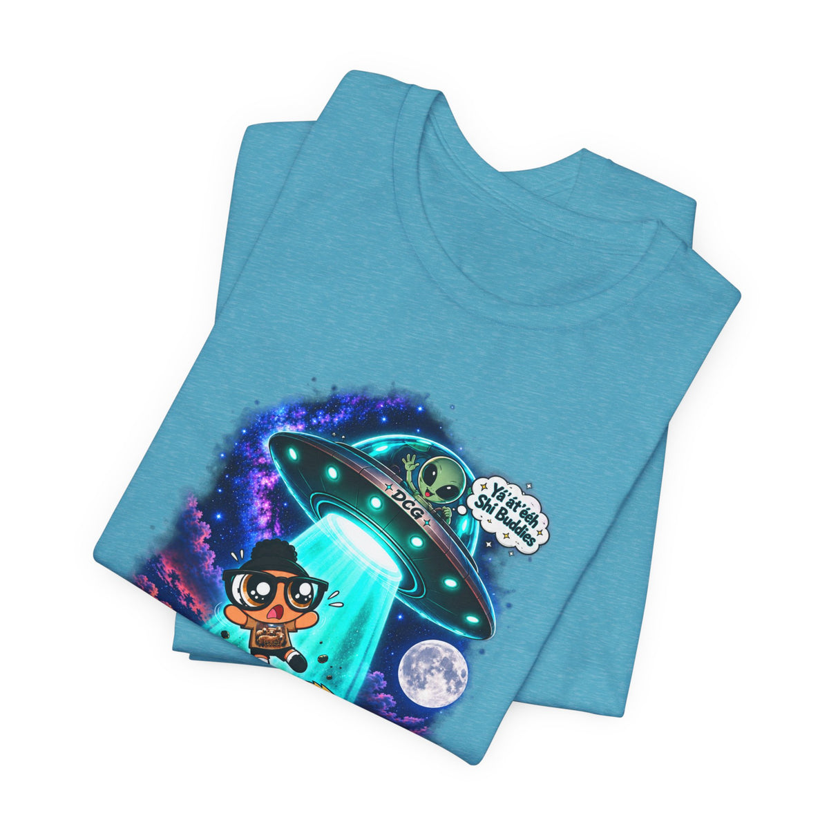 T-Shirt — Cute UFO Abduction Cartoon Kids with 'We Come in Peace' Graphic
