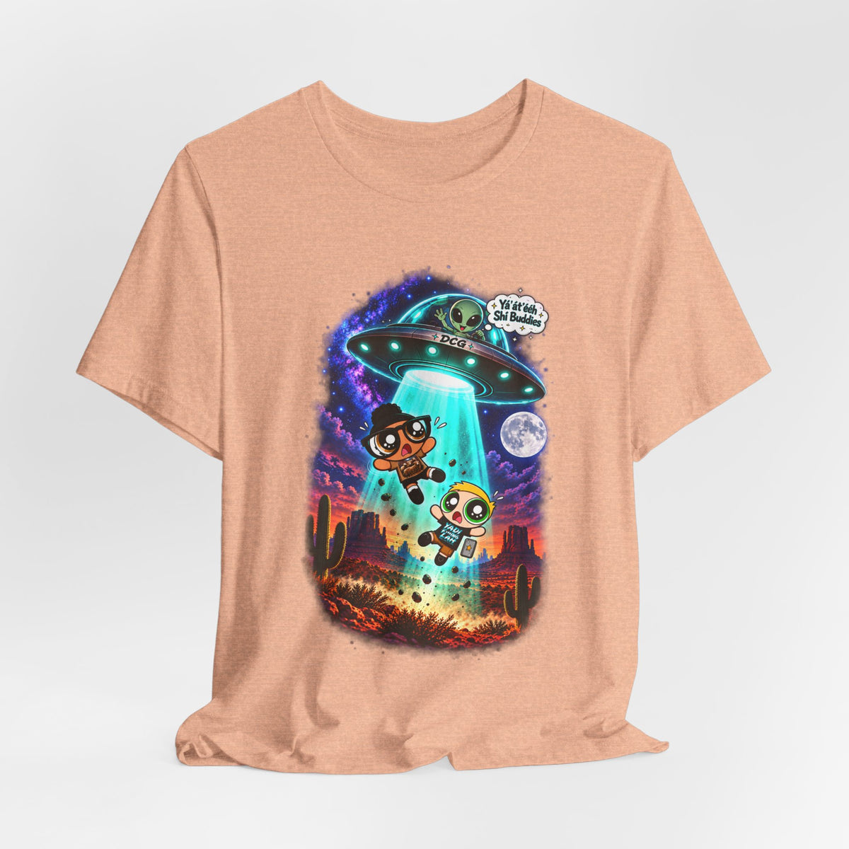 T-Shirt — Cute UFO Abduction Cartoon Kids with 'We Come in Peace' Graphic
