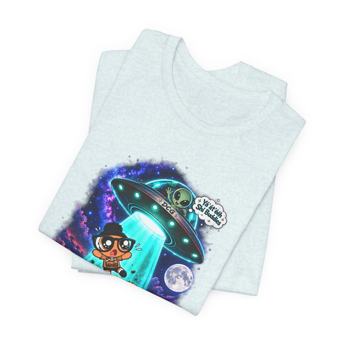 T-Shirt — Cute UFO Abduction Cartoon Kids with 'We Come in Peace' Graphic