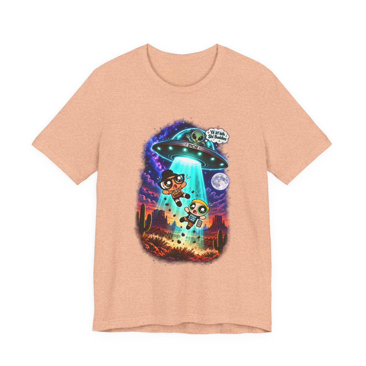 T-Shirt — Cute UFO Abduction Cartoon Kids with 'We Come in Peace' Graphic