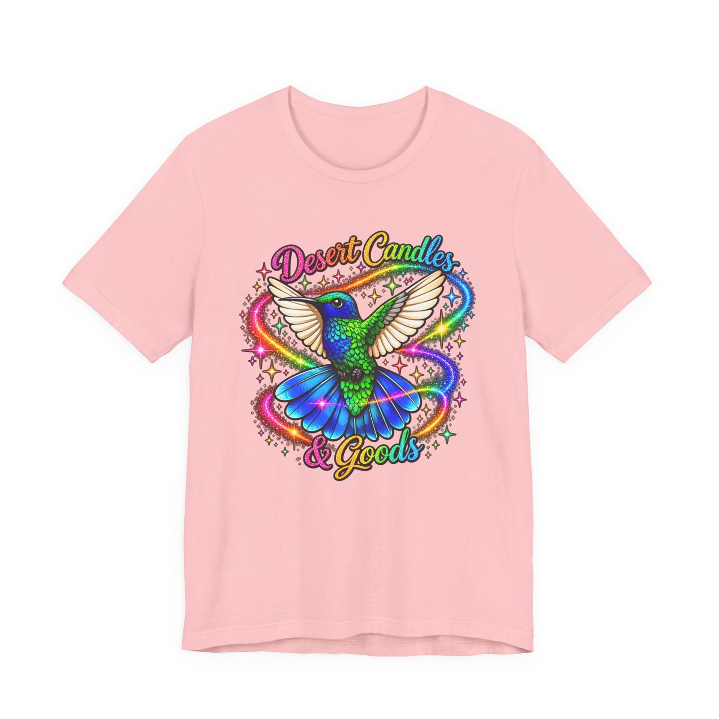 Hummingbird Rainbow Logo Tee — "Desert Candles & Goods" Colorful Graphic T-Shirt