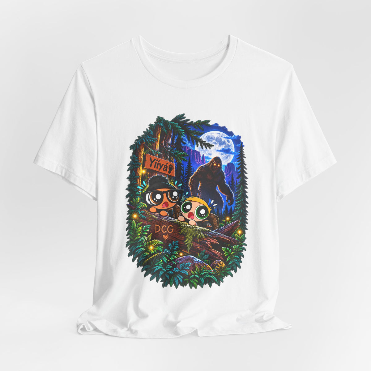 Bigfoot Night Trek T‑Shirt — Cute Campers & Sasquatch Forest Illustration