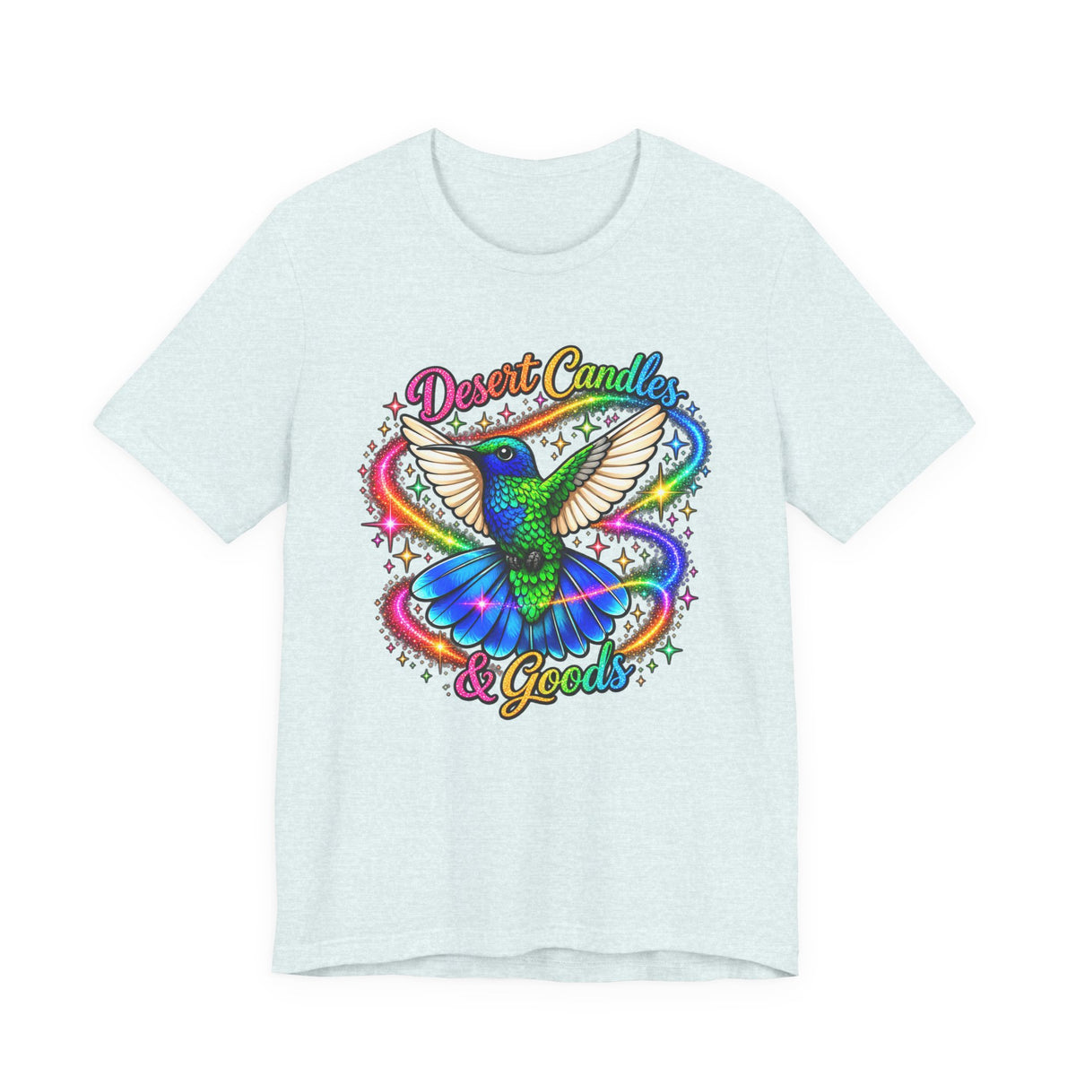 Hummingbird Rainbow Logo Tee — "Desert Candles & Goods" Colorful Graphic T-Shirt