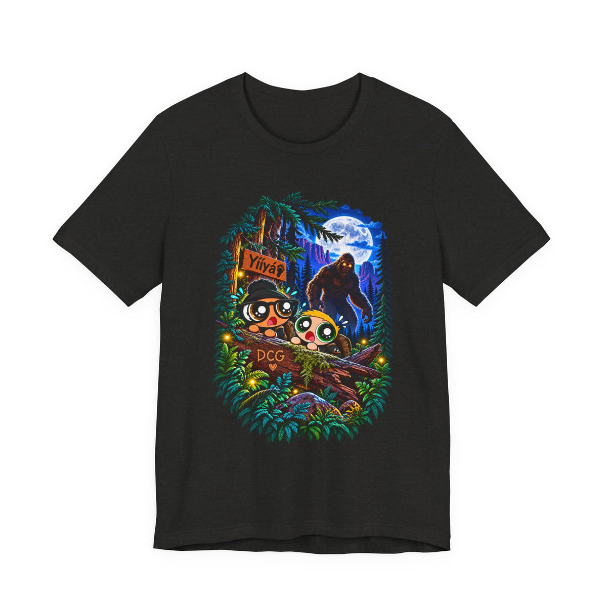 Bigfoot Night Trek T‑Shirt — Cute Campers & Sasquatch Forest Illustration
