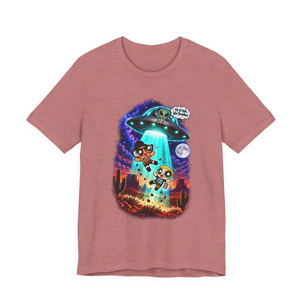 T-Shirt — Cute UFO Abduction Cartoon Kids with 'We Come in Peace' Graphic
