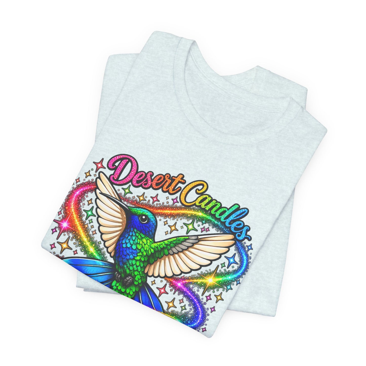 Hummingbird Rainbow Logo Tee — "Desert Candles & Goods" Colorful Graphic T-Shirt