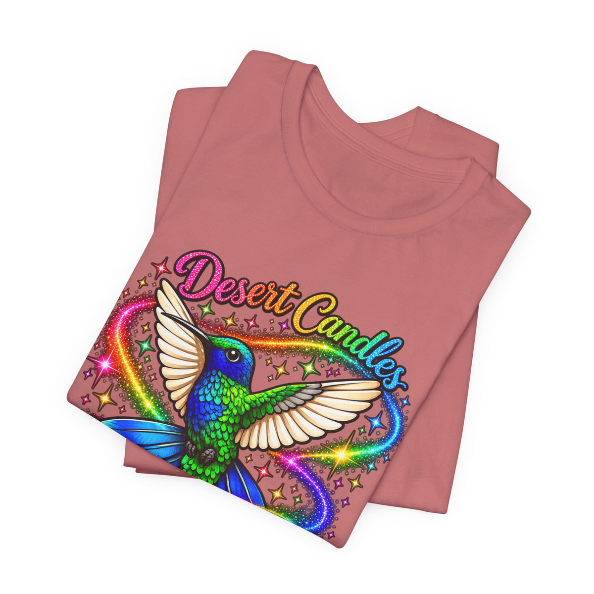 Hummingbird Rainbow Logo Tee — "Desert Candles & Goods" Colorful Graphic T-Shirt