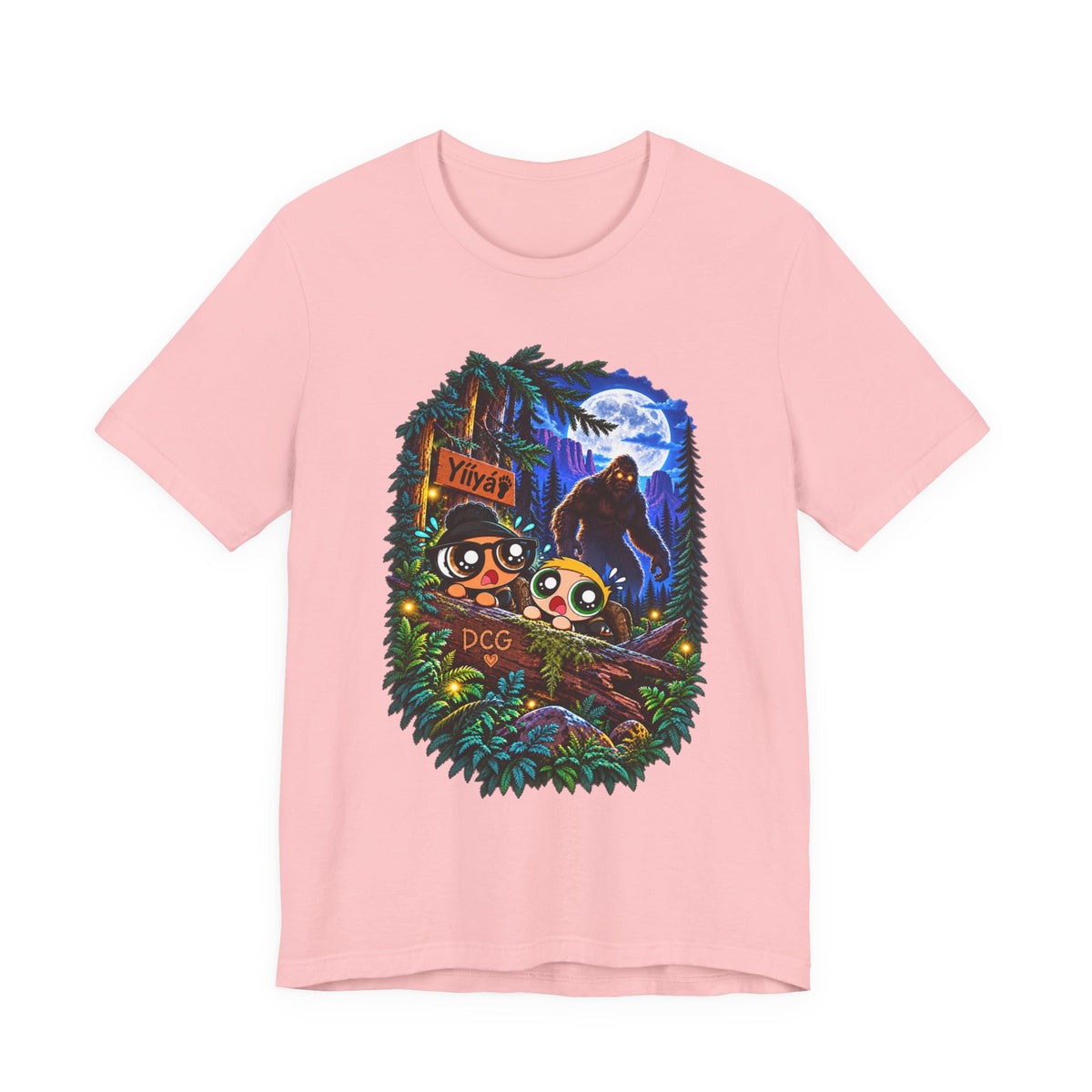Bigfoot Night Trek T‑Shirt — Cute Campers & Sasquatch Forest Illustration