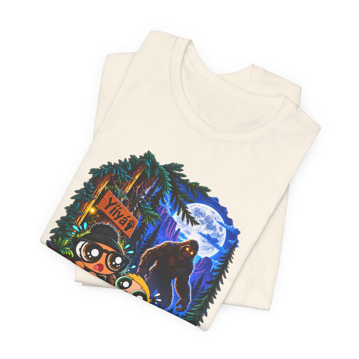 Bigfoot Night Trek T‑Shirt — Cute Campers & Sasquatch Forest Illustration
