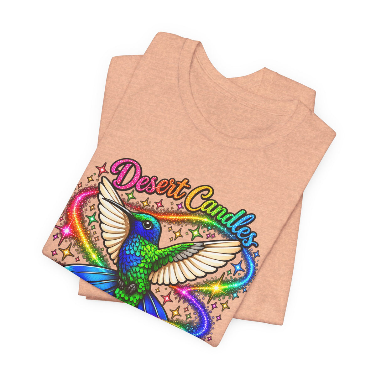Hummingbird Rainbow Logo Tee — "Desert Candles & Goods" Colorful Graphic T-Shirt