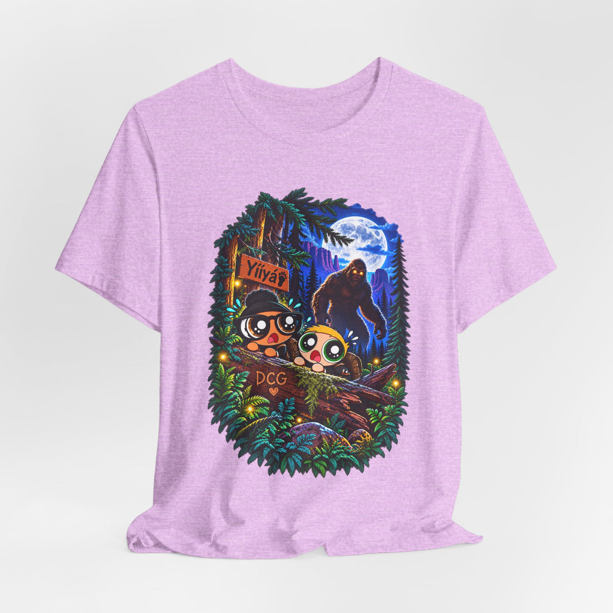 Bigfoot Night Trek T‑Shirt — Cute Campers & Sasquatch Forest Illustration