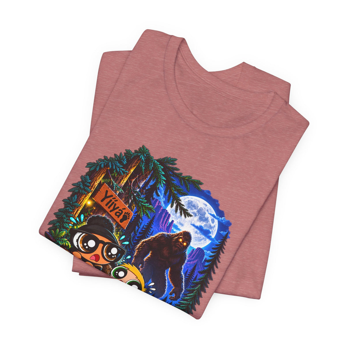 Bigfoot Night Trek T‑Shirt — Cute Campers & Sasquatch Forest Illustration