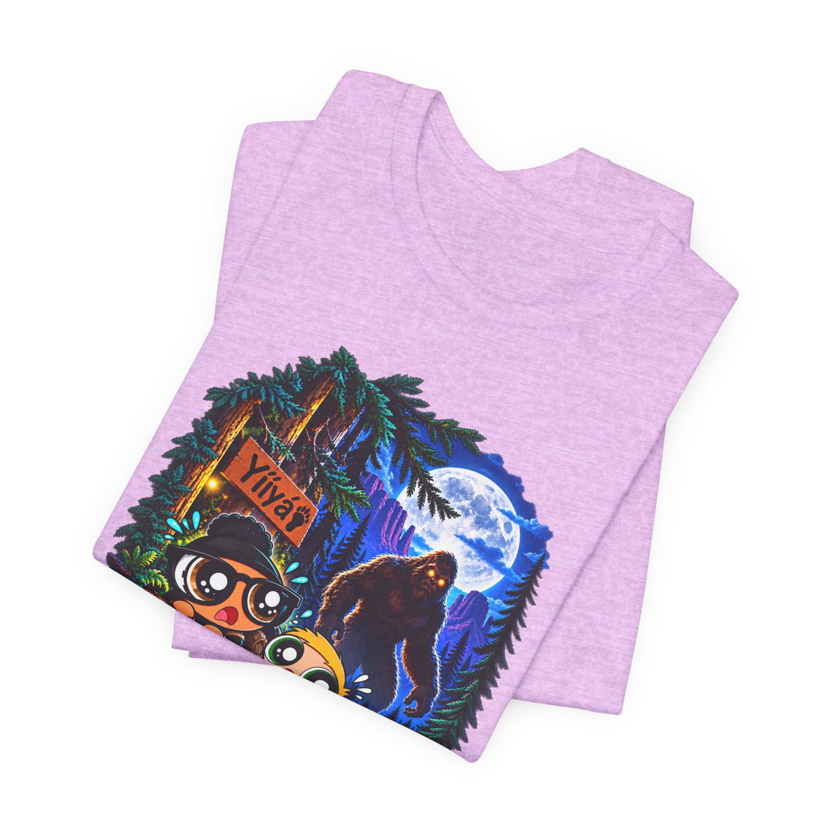 Bigfoot Night Trek T‑Shirt — Cute Campers & Sasquatch Forest Illustration