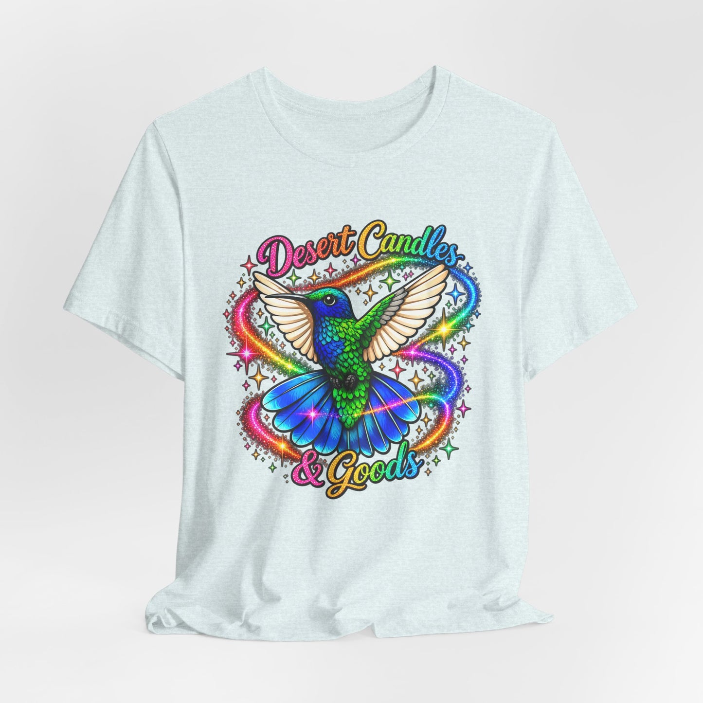 Hummingbird Rainbow Logo Tee — "Desert Candles & Goods" Colorful Graphic T-Shirt