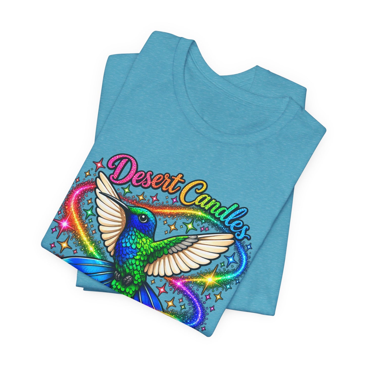 Hummingbird Rainbow Logo Tee — "Desert Candles & Goods" Colorful Graphic T-Shirt