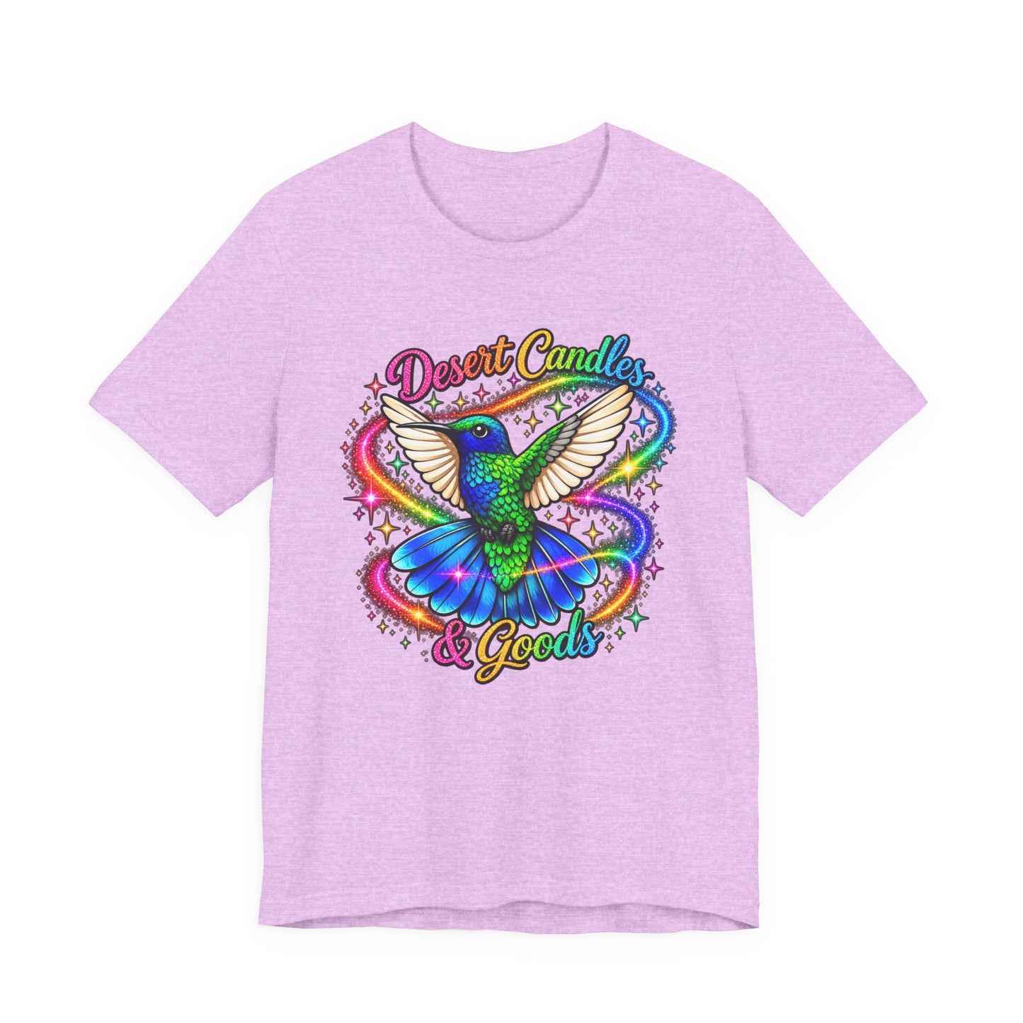 Hummingbird Rainbow Logo Tee — "Desert Candles & Goods" Colorful Graphic T-Shirt