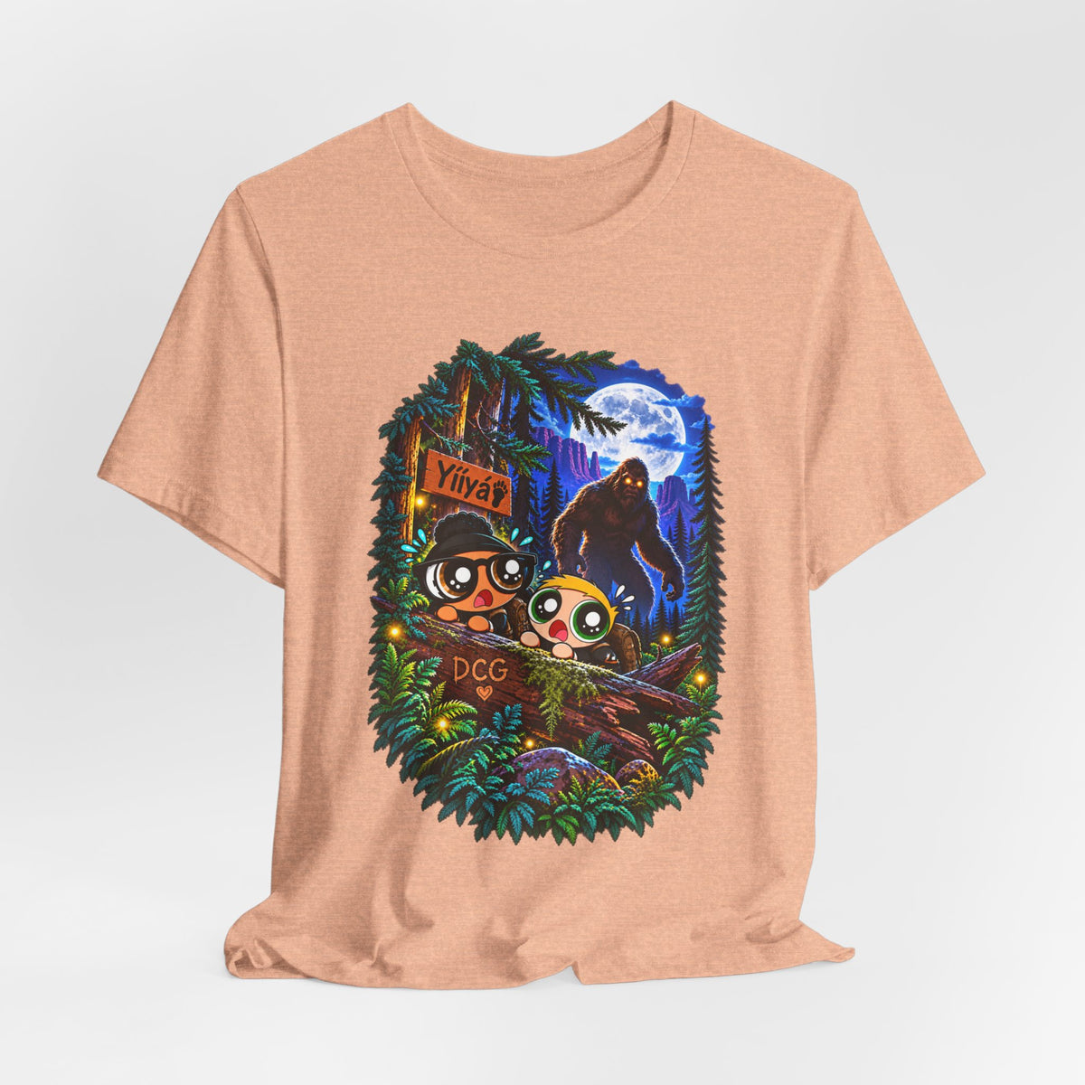 Bigfoot Night Trek T‑Shirt — Cute Campers & Sasquatch Forest Illustration