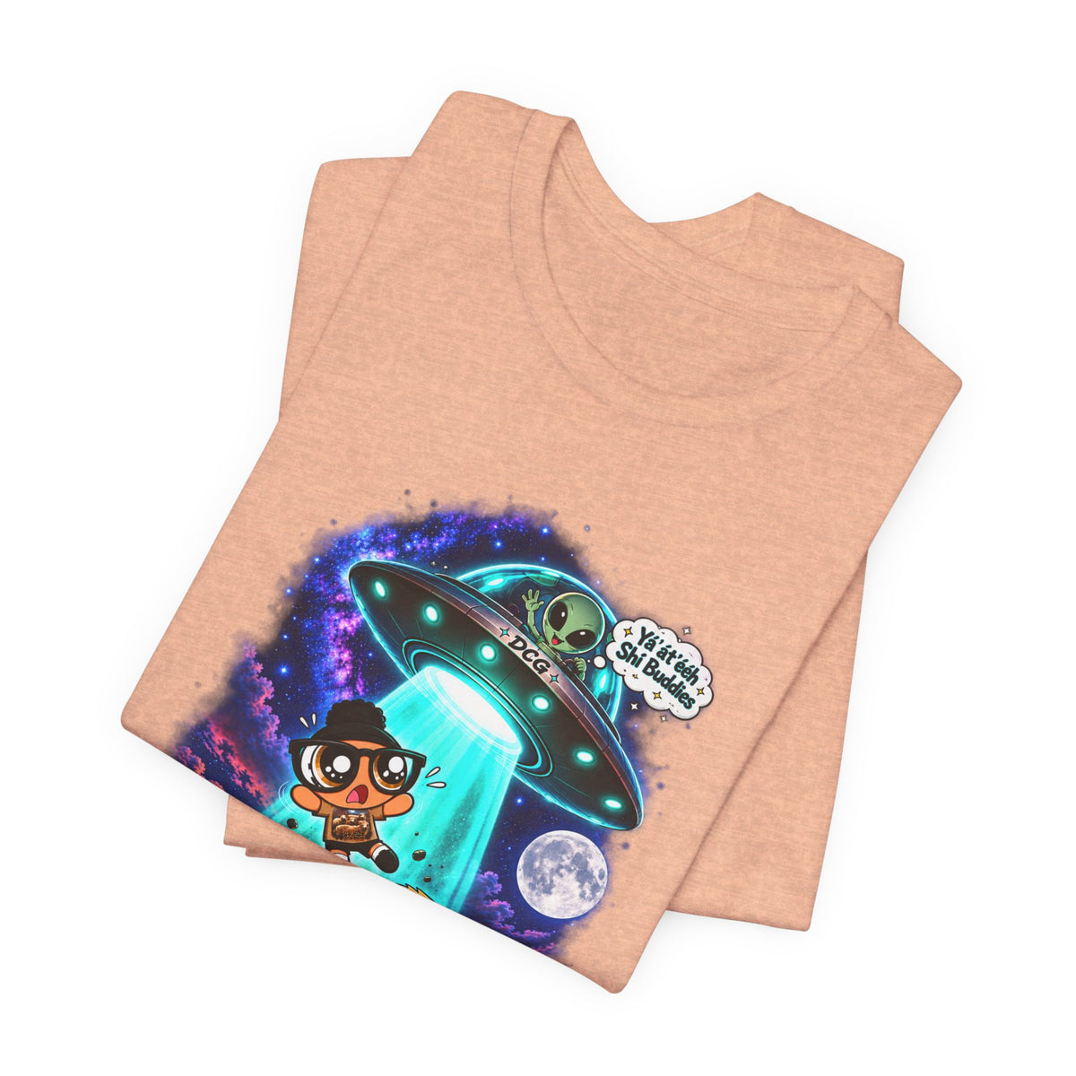 T-Shirt — Cute UFO Abduction Cartoon Kids with 'We Come in Peace' Graphic