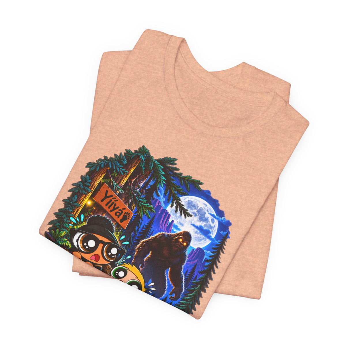 Bigfoot Night Trek T‑Shirt — Cute Campers & Sasquatch Forest Illustration