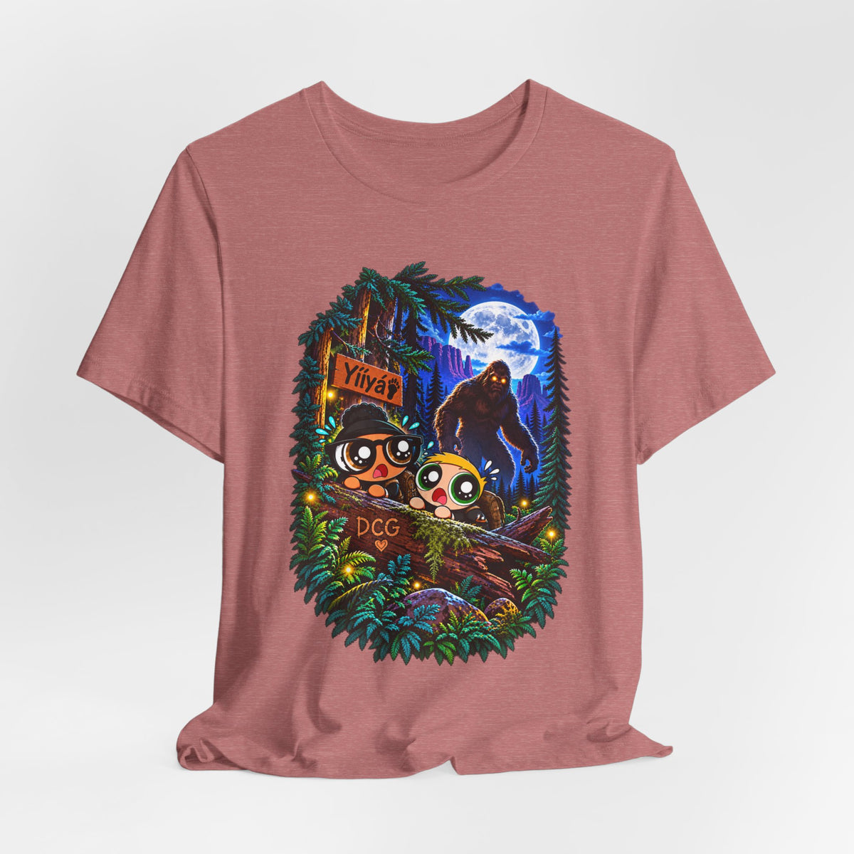 Bigfoot Night Trek T‑Shirt — Cute Campers & Sasquatch Forest Illustration