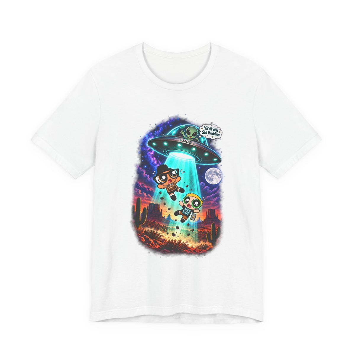 T-Shirt — Cute UFO Abduction Cartoon Kids with 'We Come in Peace' Graphic