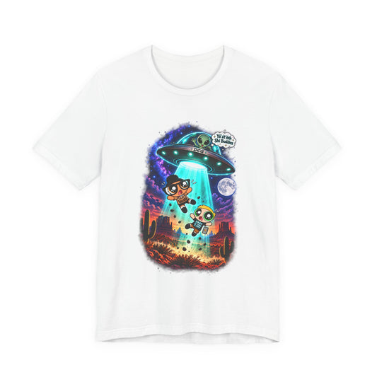 T-Shirt — Cute UFO Abduction Cartoon Kids with 'We Come in Peace' Graphic