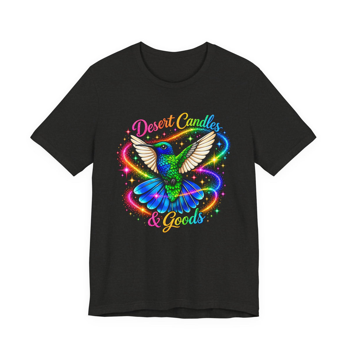 Hummingbird Rainbow Logo Tee — "Desert Candles & Goods" Colorful Graphic T-Shirt