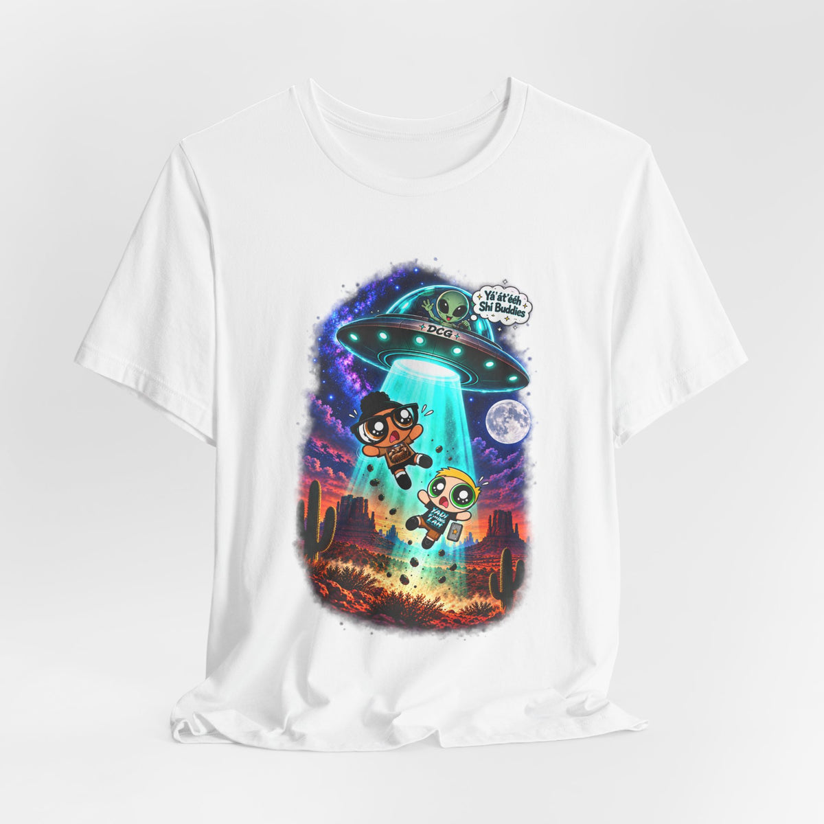 T-Shirt — Cute UFO Abduction Cartoon Kids with 'We Come in Peace' Graphic