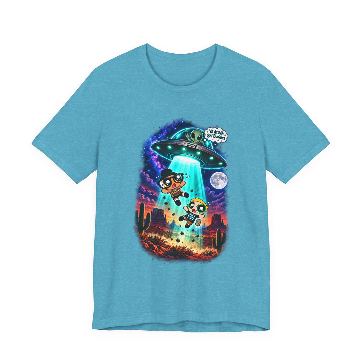 T-Shirt — Cute UFO Abduction Cartoon Kids with 'We Come in Peace' Graphic