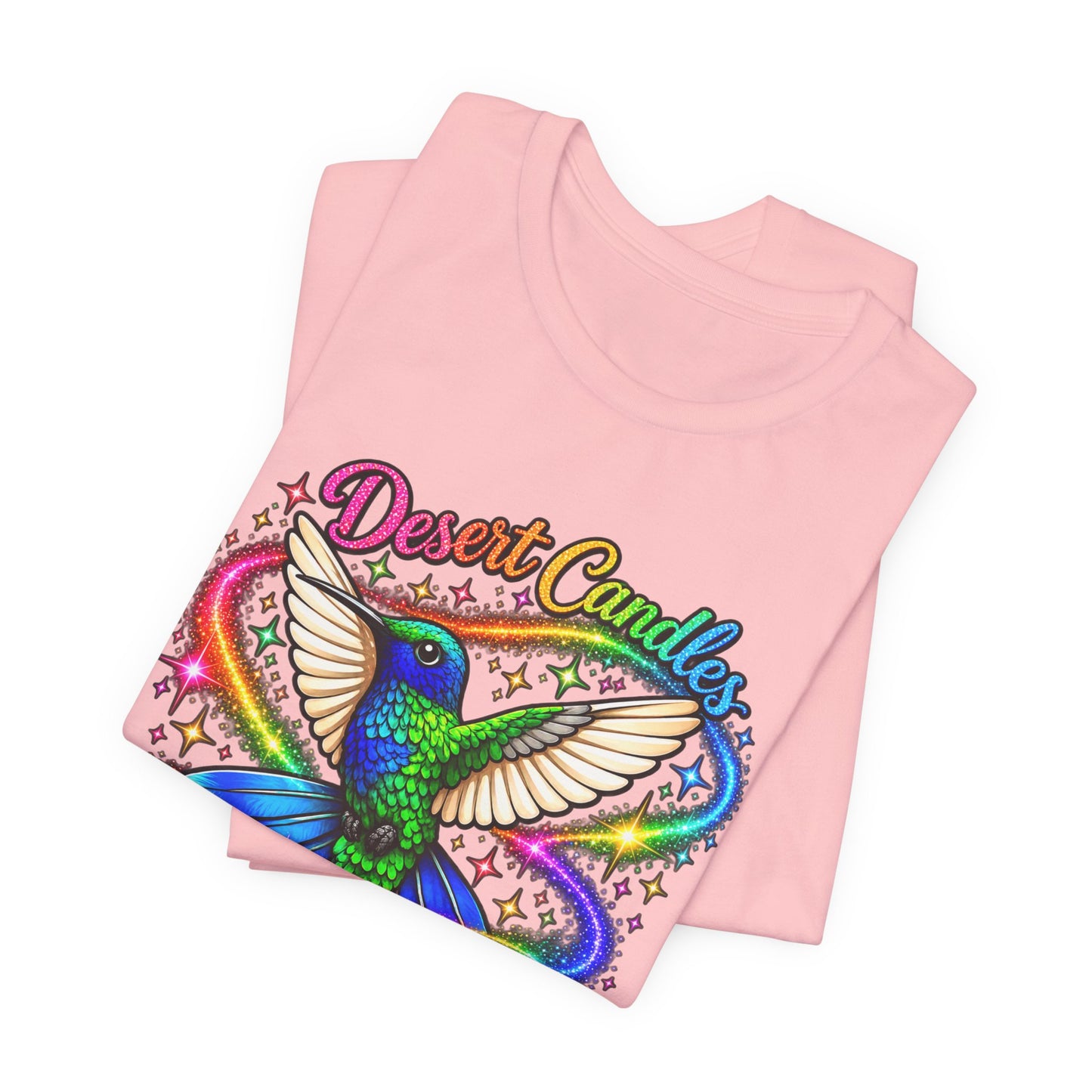 Hummingbird Rainbow Logo Tee — "Desert Candles & Goods" Colorful Graphic T-Shirt