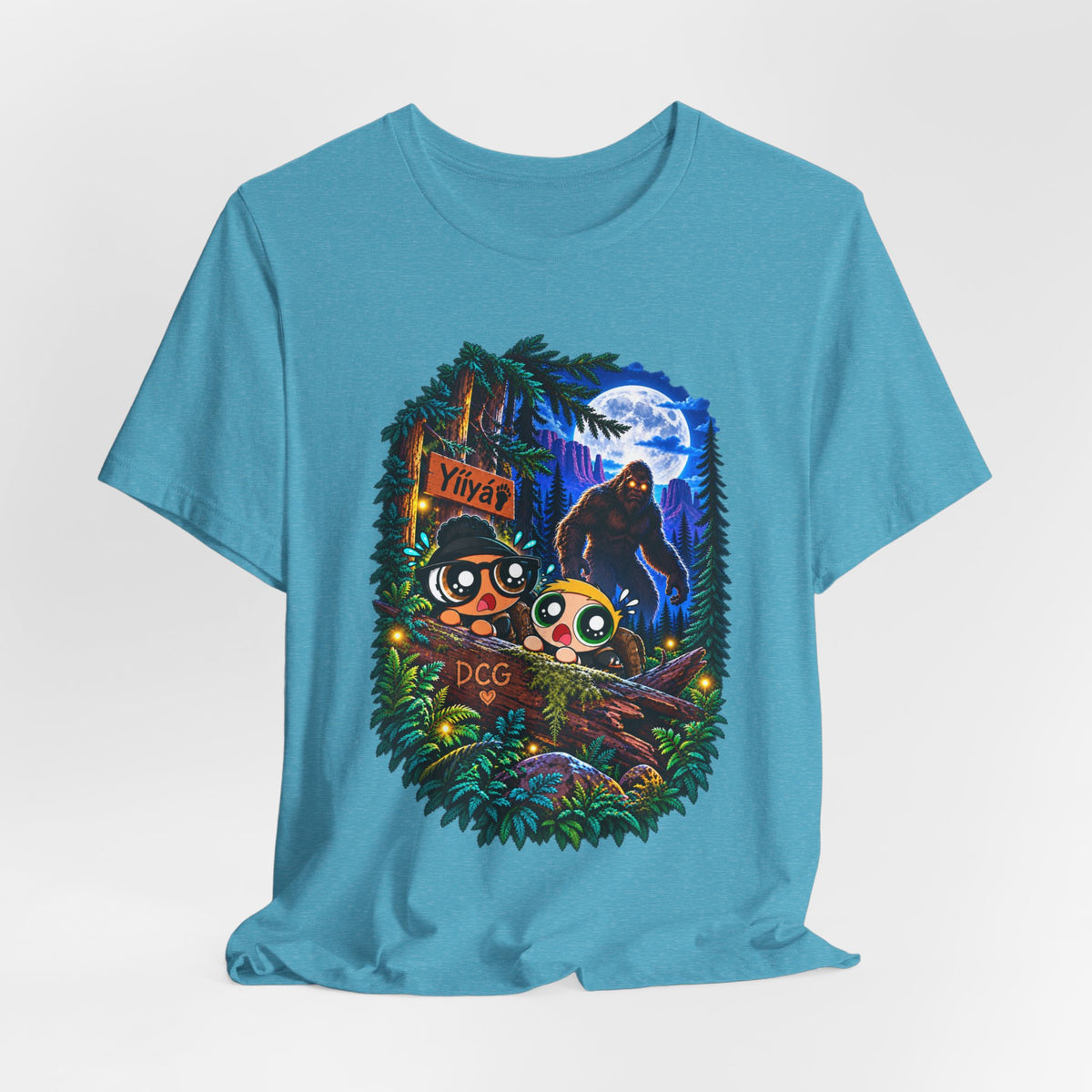 Bigfoot Night Trek T‑Shirt — Cute Campers & Sasquatch Forest Illustration