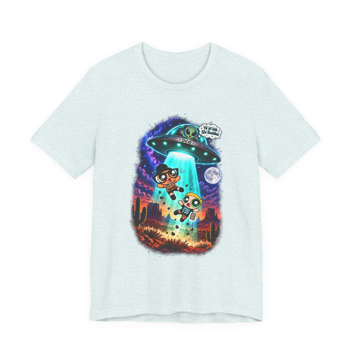 T-Shirt — Cute UFO Abduction Cartoon Kids with 'We Come in Peace' Graphic