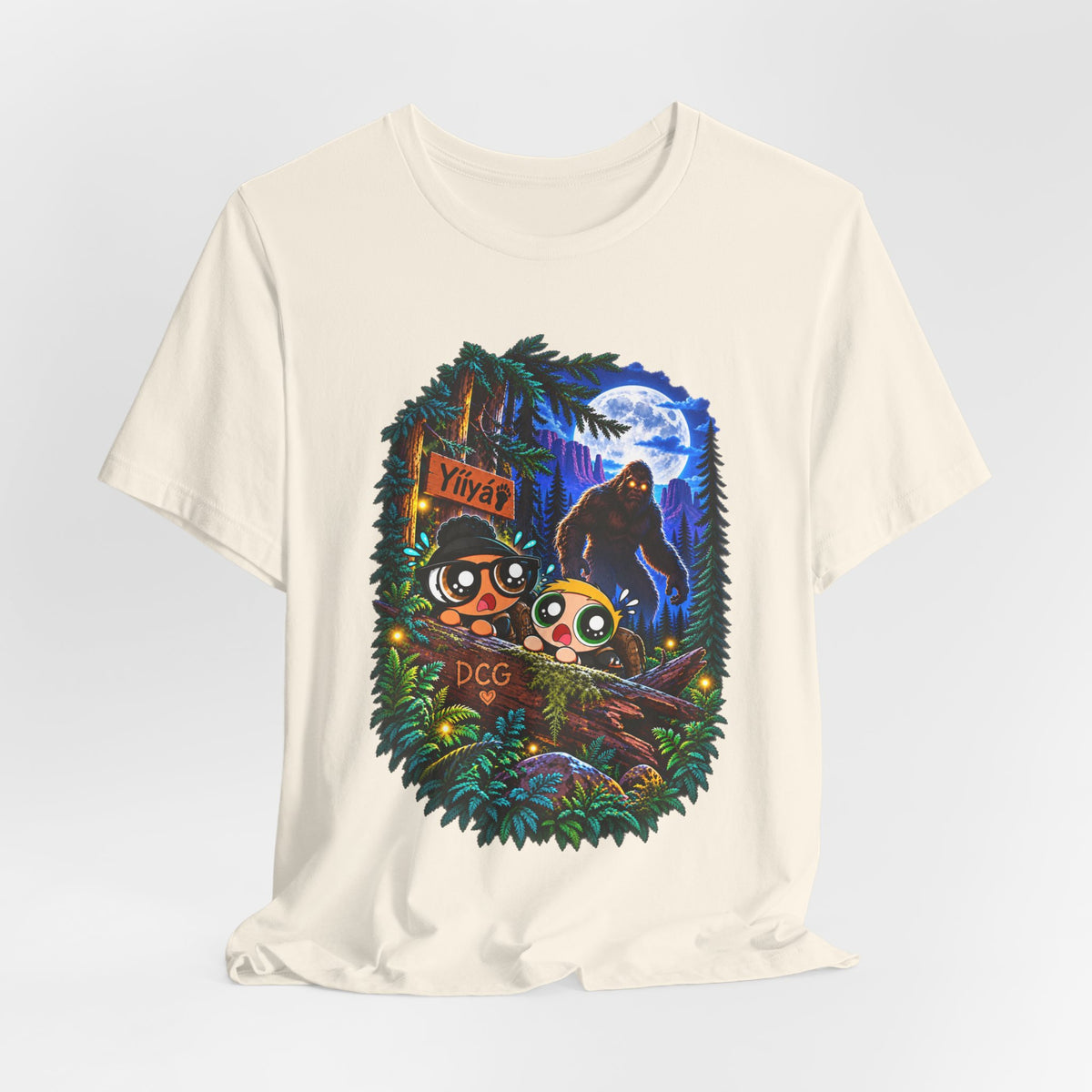 Bigfoot Night Trek T‑Shirt — Cute Campers & Sasquatch Forest Illustration