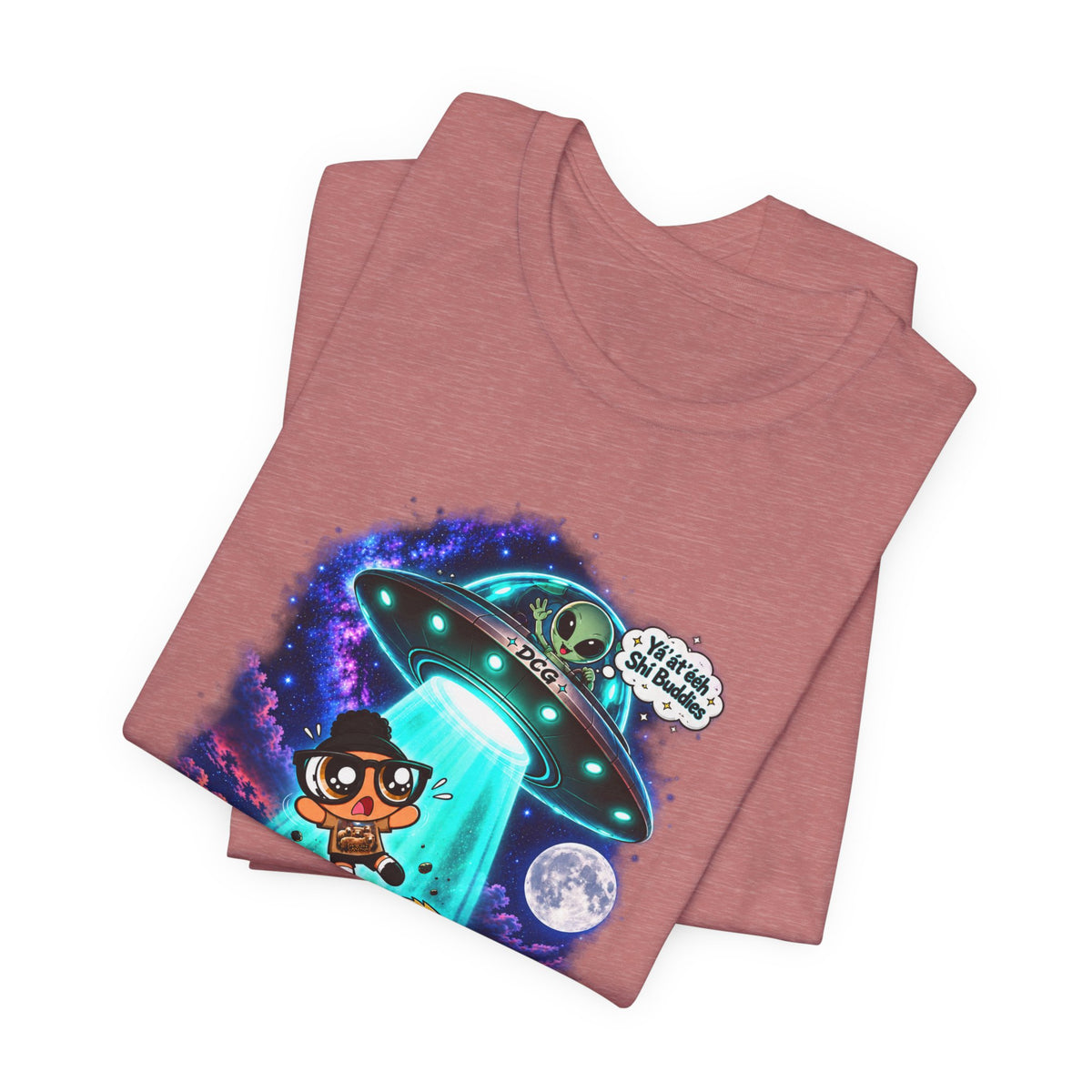 T-Shirt — Cute UFO Abduction Cartoon Kids with 'We Come in Peace' Graphic