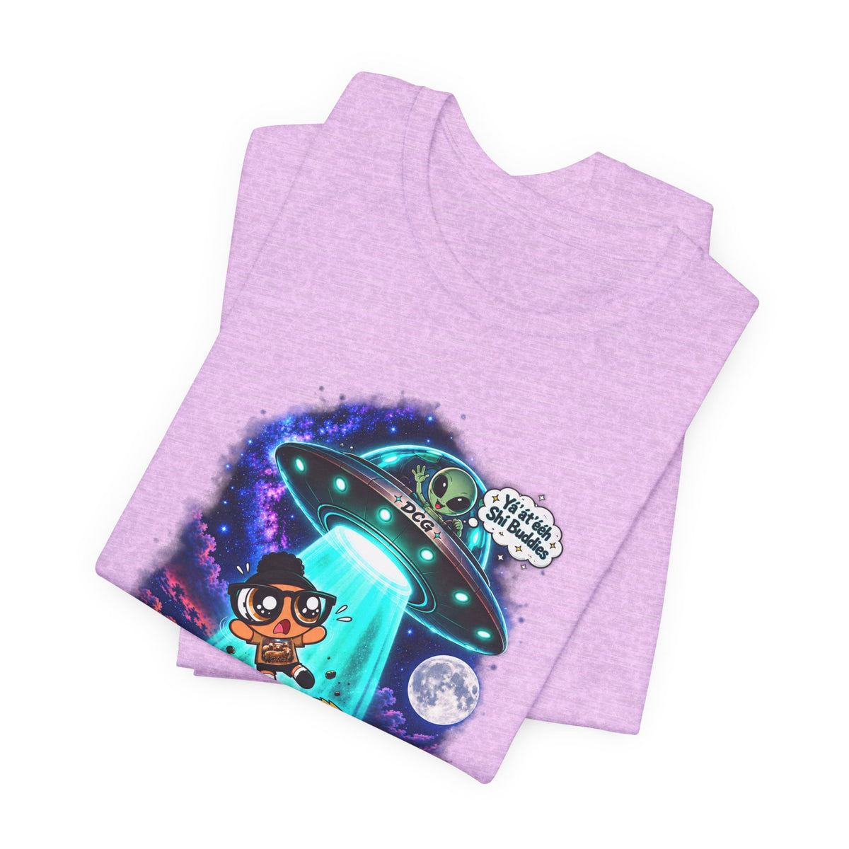 T-Shirt — Cute UFO Abduction Cartoon Kids with 'We Come in Peace' Graphic