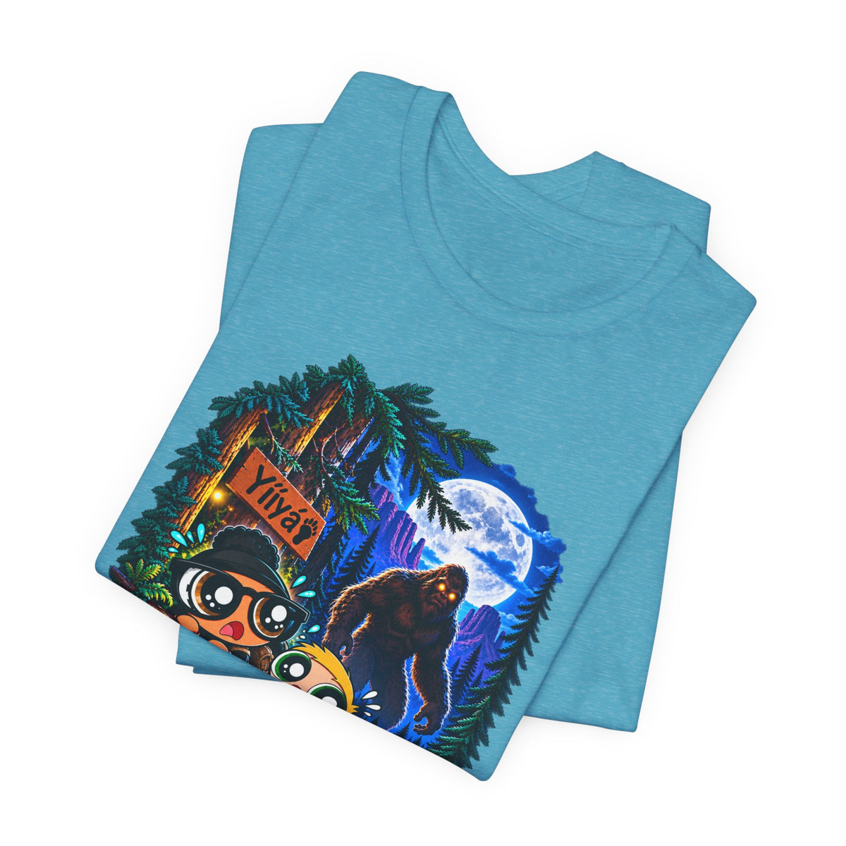 Bigfoot Night Trek T‑Shirt — Cute Campers & Sasquatch Forest Illustration